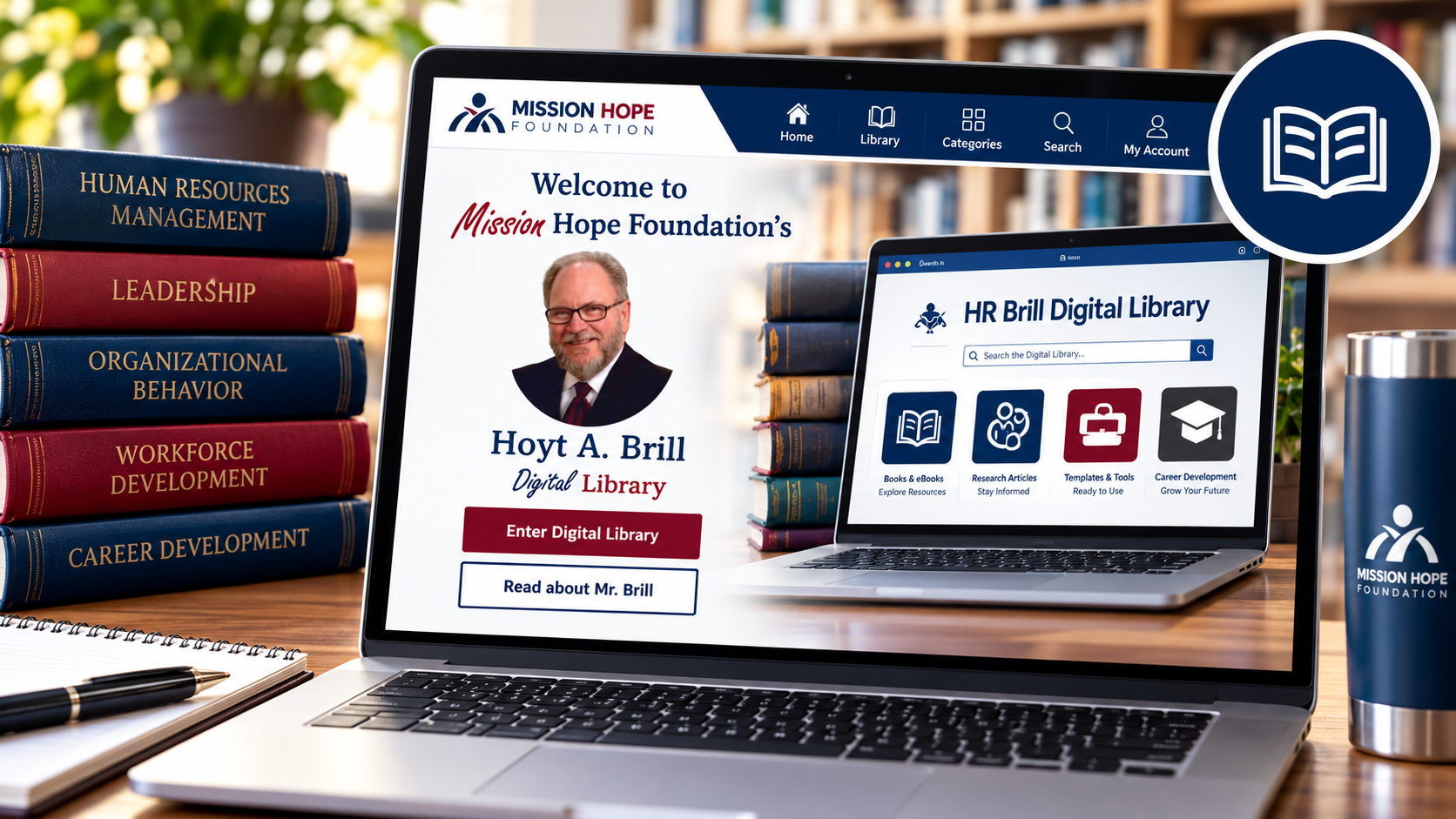 Laptop showing the HR Brill Digital Library beside a stack of books